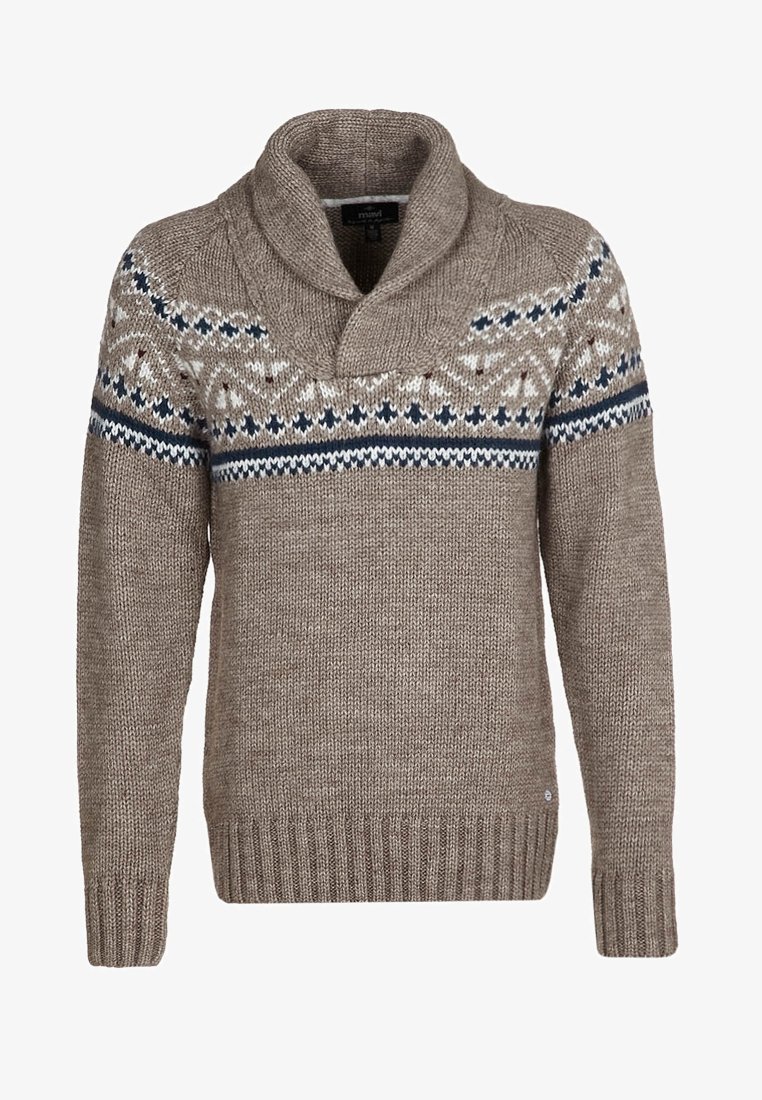Beige pletený svetr s šálovým límcem. Vybavený vzorovaným pruhem v námořnické modři a smetanové barvě kolem hrudi. Žebrované manžety a lem.