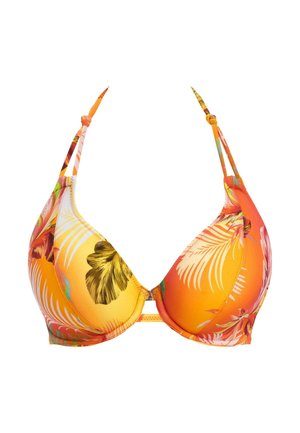 Triangle bikini top in vibrant orange, featuring tropical floral print and thin adjustable straps. Smooth texture, molded cups, and band detailing.