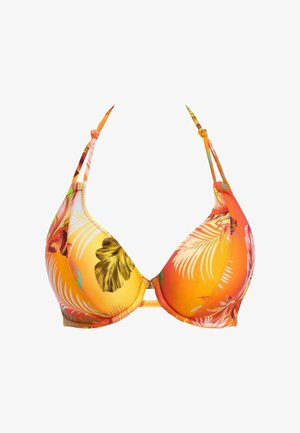 Top de bikini triangular en un vibrante color naranja, con estampado floral tropical y tirantes delgados ajustables. Textura suave, copas moldeadas y detalles en la banda.