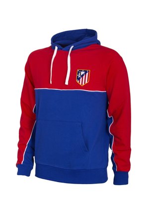 Rood en blauw hooded sweatshirt met witte trekkoorden, voorzak en een klein schildlogo op de linker bovenborst.