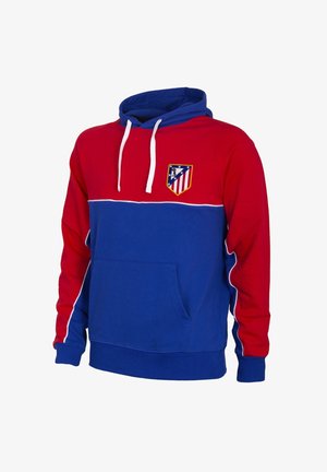 Rood en blauw hooded sweatshirt met witte trekkoorden, voorzak en een klein schildlogo op de linker bovenborst.