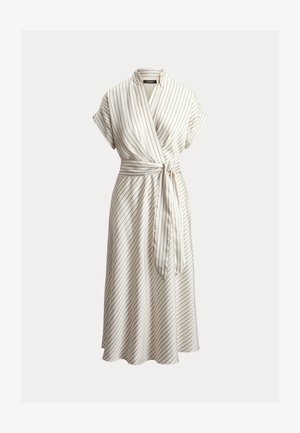 Cream midi dress with thin vertical blue stripes, short sleeves, wrap front, and tied waist belt.