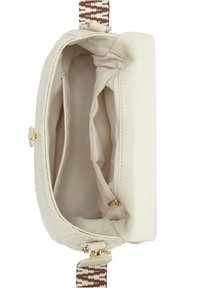 Beige handbag interior showing multiple compartments, a zippered pocket, and a detachable brown-and-white patterned shoulder strap.