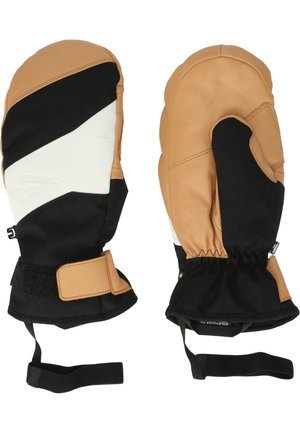 Par af brune, sorte og hvide vintervante med justerbare håndledsremme og elastiske manchetter, designet til beskyttelse mod kulde.