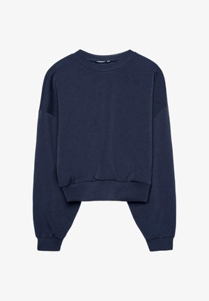 Marineblå cropped sweatshirt med lange puffede ærmer, ribstrikkede manchetter og en ribstrikket kant på en hvid baggrund.