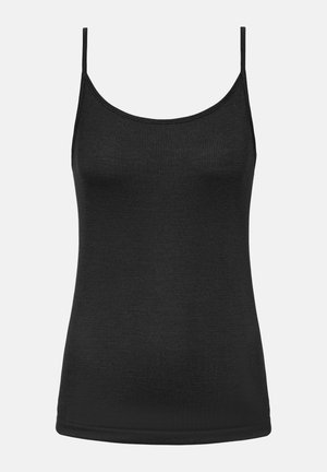 Zwarte geribbelde tanktop met dunne schouderbandjes en een ronde halslijn, weergegeven op een effen lichte achtergrond.