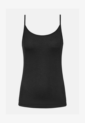 Czarna prążkowana bluzka bez rękawów z cienkimi ramiączkami i okrągłym dekoltem, prezentowana na jednolitym jasnym tle.