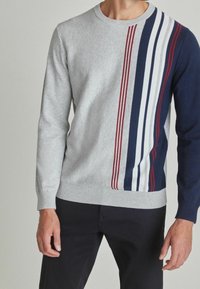Pull gris avec un col rond, présentant des rayures verticales bleu marine, blanches et rouges sur un côté. Poignets et ourlet côtelés, texture douce.