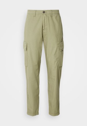 Cargo-Hosen in hellolivgrün, aus strukturiertem Stoff, mit zwei seitlichen Taschen und einem geraden Beinverlauf mit Knopfverschluss.