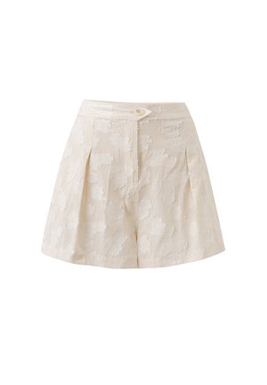 Beige katoenen shorts met een gestructureerd wolkenpatroon, voorzien van voorklauwen en een enkele knoopsluiting bij de taille.