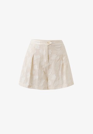 Beige katoenen shorts met een gestructureerd wolkenpatroon, voorzien van voorklauwen en een enkele knoopsluiting bij de taille.