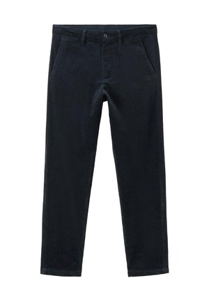 Pantalone od manšestera tamnoplave boje s diskretnom rebrastom teksturom, ravnim nogavicama, petljama za remen i dva prednja džepa s kopčanjem na gumb.