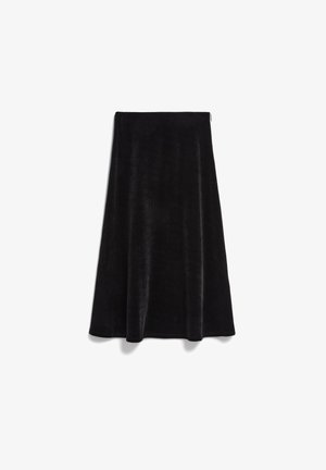 Black velvet A-line skirt with a smooth texture, featuring a knee-length design and a subtle sheen for a refined look.