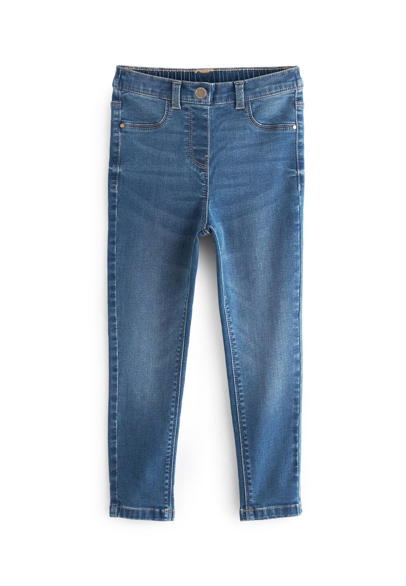 Jeans de mezclilla azul con un ajuste slim, que presentan un diseño tradicional de cinco bolsillos, cierre de botón en la parte frontal y una textura ligeramente desvaída.