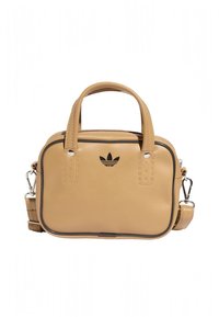 Tannfarget lærveske med to håndtak, avtagbar skulderrem, svarte detaljer og en liten svart logo foran. Rektangulær form.