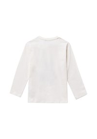 Camicia bianca in cotone a maniche lunghe con colletto rotondo classico, trama liscia e senza motivi o decorazioni visibili sul retro.