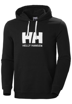 Schwarzer Hoodie aus weichem Stoff, mit einem großen weißen Helly Hansen-Logo auf der Vorderseite, einer Fronttasche und einer Kapuze mit Kordelzug.