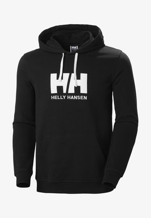 Zwarte hoodie van zacht materiaal, met een groot wit Helly Hansen-logo op de voorkant, een voorzak en een hood met trekkoord.