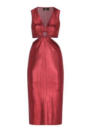 Rode metallic midi-jurk met een diepe V-hals en mouwloos ontwerp. Heeft een gedraaide voorkant met een ronde accent bij de taille.