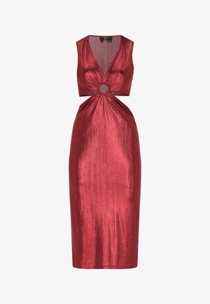 Punane metallik midi kleit sügava V-dekoltee ja ilma varrukateta disainiga. Omab keeratud esiosaga, millel on ringikujuline aktsent vöökohtades.