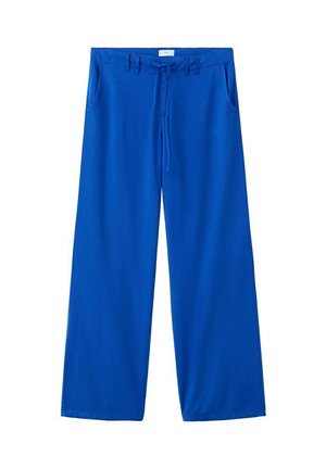 Pantalones anchos de pierna amplia en azul brillante con bolsillos delanteros, trabillas para cinturón y cordón en la cintura, mostrados extendidos sobre un fondo blanco.