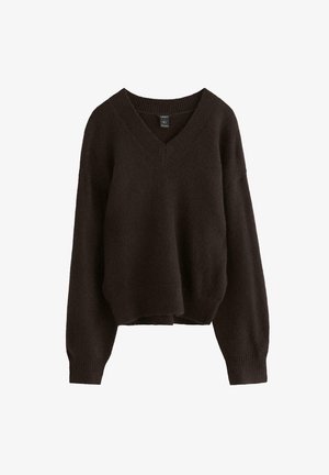 Maglione lungo marrone scuro a maniche lunghe con scollatura a V e polsini e orlo a costine, realizzato in un morbido tessuto lavorato a maglia leggermente largo.
