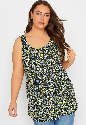 Zwart bloemen tanktop met blauwe en gele bloemen, scoop halslijn en mouwloos ontwerp, gemaakt van lichtgewicht stof met een relaxte pasvorm.