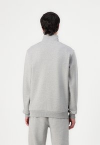 Sweat-shirt en polaire grise avec un col montant, des poignets et un bas côtelés. Design simple, sans logos ni motifs visibles, vu de dos.