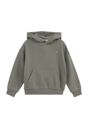 Sweat à capuche vert olive avec poche kangourou à l'avant, poignets côtelés et petit logo d'oiseau sur la poitrine gauche.