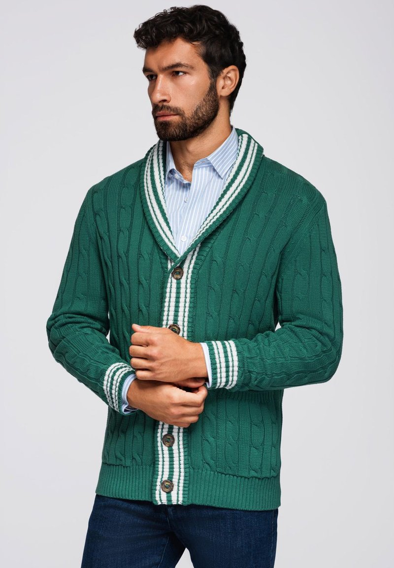 Cárdigan de punto trenzado verde con cuello chal, que presenta acentos a rayas blancas y verdes. Los botones añaden detalle en la parte delantera.
