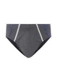 Graue Schwimmslips mit blauen und silbernen Akzenten, die über eine glatte Textur und ein figurbetontes Design verfügen. Gefälschte Nähte betonen die Form.