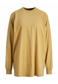 Maglietta a maniche lunghe beige con colletto a giro, polsini a coste, design semplice e fit rilassato, esposta su uno sfondo bianco.