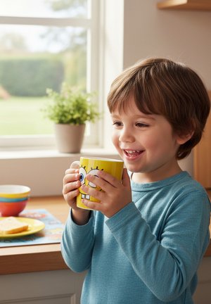 Young child in blue shirt smiling and holding a yellow SpongeBob mug near a kitchen window with a plant and breakfast items nearby.