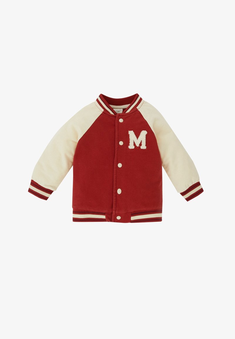 Red and cream varsity-style jacket featuring a prominent white letter "M," with ribbed cuffs and hem.