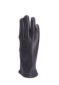 Guanto in pelle nera con una superficie liscia, cinque dita, design aderente e dettagli di cucitura discreti lungo il polso e le cuciture.