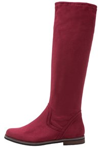 Bottes bordeaux montant au genou en daim doux, avec une surface lisse, un bout arrondi et un talon empilé bas marron.
