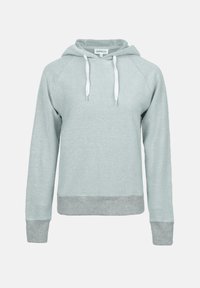 Lichtblauwe hoodie van een gestructureerde stof, met witte aantrekkoordjes en een contrasterende grijze geribbelde zoom en mouwen. Raglanmouwen zorgen voor een relaxte pasvorm.