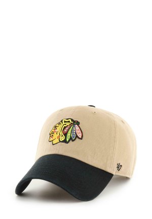Baseball cap with a khaki fabric body and a black brim. Features an embroidered logo on the front with colorful accents and detailing.