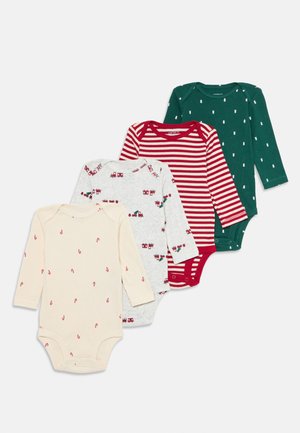 Four long-sleeve baby bodysuits in cream with candy cane print, gray with red truck print, red and white stripes, and green with white tree print.