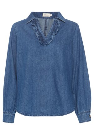 Denim majica z V-izrezom in nabranim ovratnikom, dolgimi rokavi z elastiko na koncih in sproščenim krojem. Barva: srednje modra. Oznaka: Cream.