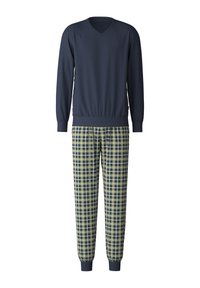 Pull-over V bleu foncé à col en V, avec des manches longues et des poignets élastiques, associé à un pantalon de pyjama à carreaux comportant des motifs verts, jaunes et marine.
