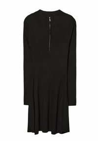 Robe en maille noire avec manches longues, col montant et fermeture éclair courte. Dotée d'une jupe évasée et d'une texture côtelée sur toute la surface.