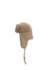 Bruine wollen aviatorhoed met nepbontvoering rond de oorkleppen en achterkant, voorzien van een kinriem en een klein logo-accent.