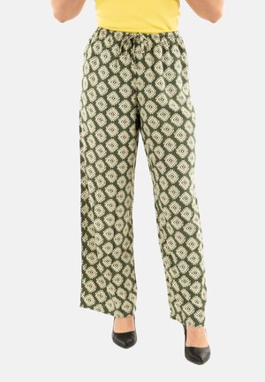 Pantalon vert à motif avec un design en losanges crème. Fabriqué en tissu léger, avec une taille élastique pour le confort.