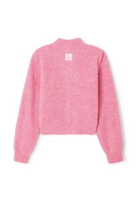 Ružová skrátená mikina s rebrovanou textúrou, so stojatým golierom a dlhými rukávmi. Na zadnej strane má malú štvorcovú nálepku.