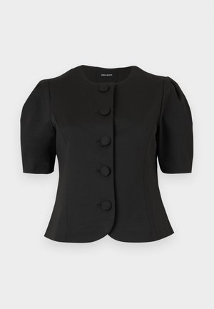 Μαύρο κοντομάνικο σακάκι με στρογγυλή λαιμόκοψη και πέντε κουμπιά καλυμμένα με ύφασμα μπροστά.