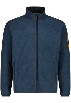 Blue full-zip jacket with high collar, textured fabric, two side pockets, and a zippered pocket on the left sleeve.