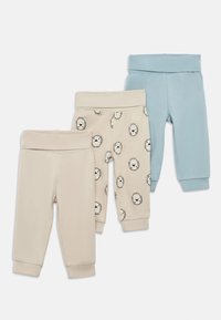Set de trei pantaloni pentru copii: bej deschis, cu modele de fețe de leu; bej solid deschis; și albastru deschis solid. Toți au talie elastică.