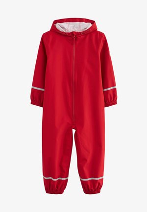 Raudoni vandeniui atsparūs viso kūno džinsai su priekiniais užtrauktukais, elastingomis rankogaliais ir atspindinčiomis juostomis per rankas ir kojas. Yra gobtuvas su reguliuojamais raišteliais.