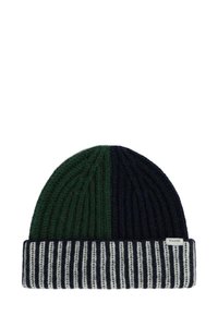 Gorro de punto con paneles verticales en verde oscuro y azul marino, presenta un ribete doblado con rayas alternas en azul marino y blanco y una pequeña etiqueta en el puño.